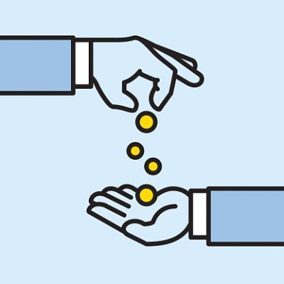 Giver and Taker hands — Professional outline style vector illustration.
Hand giving gold coin to another handful. Donation and Receiving money Concepts.